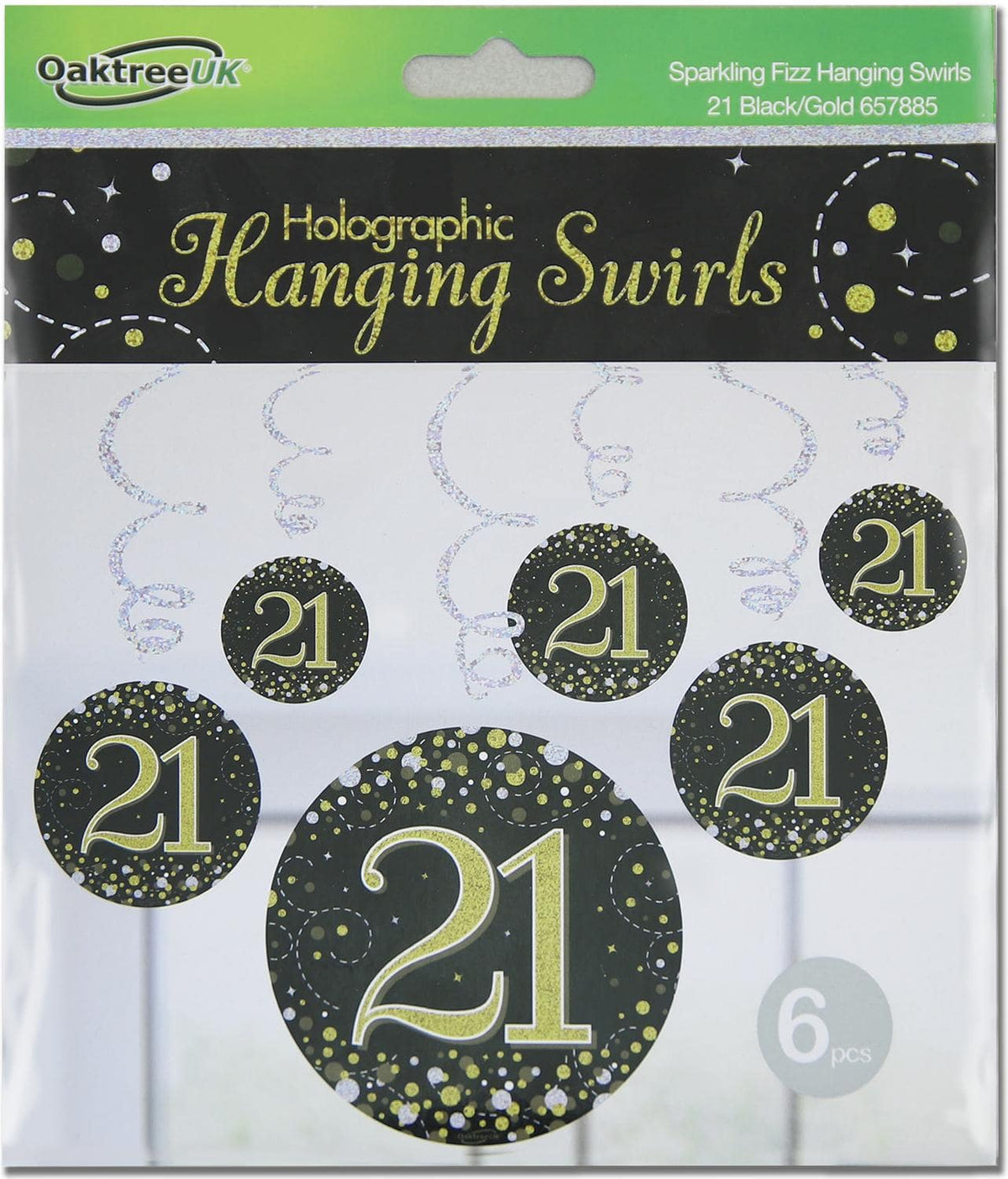 Sparkling Fizz Hanging Swirls 21st Black / Gold - 6pk