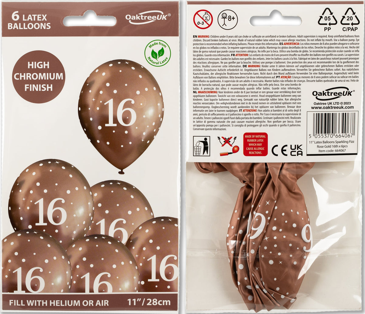 11inch Latex Balloons Sparkling Fizz Rose Gold 16th x 6pcs