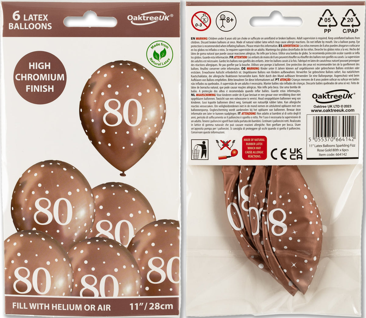 11inch Latex Balloons Sparkling Fizz Rose Gold 80th x 6pcs