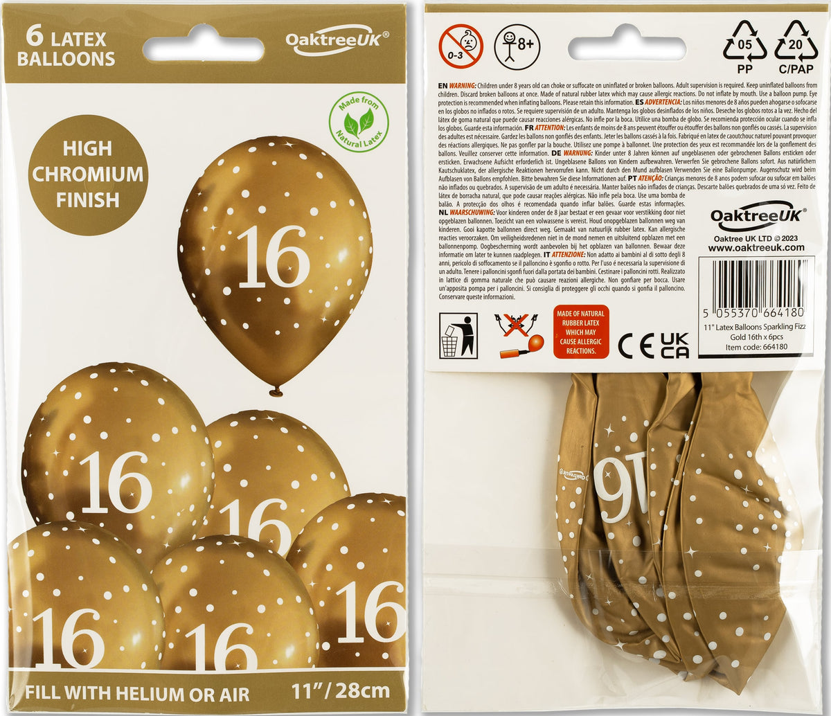 11inch Latex Balloons Sparkling Fizz Gold 16th x 6pcs