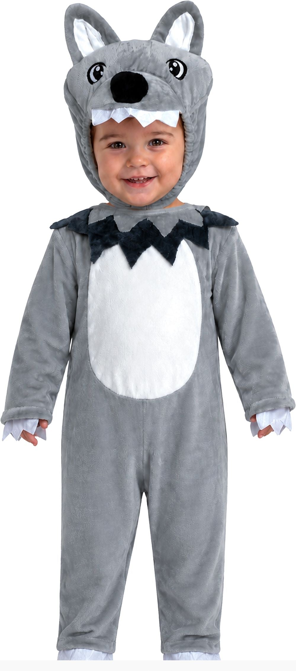 A toddler wearing a gray and white wolf costume jumpsuit with a hood featuring wolf ears, black nose, and white teeth, photographed against a plain white background.