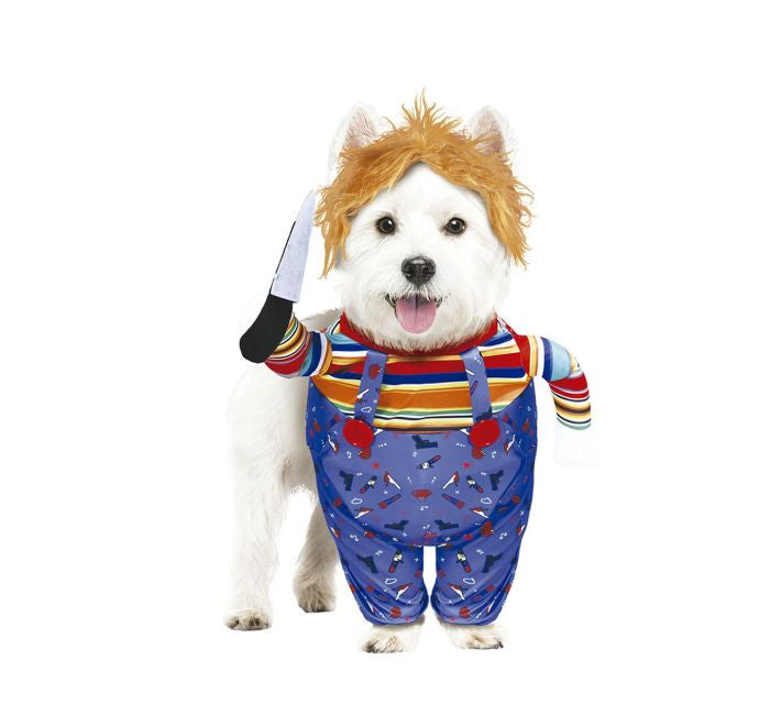 Dog wearing a costume with blue overalls and striped shirt on a white background