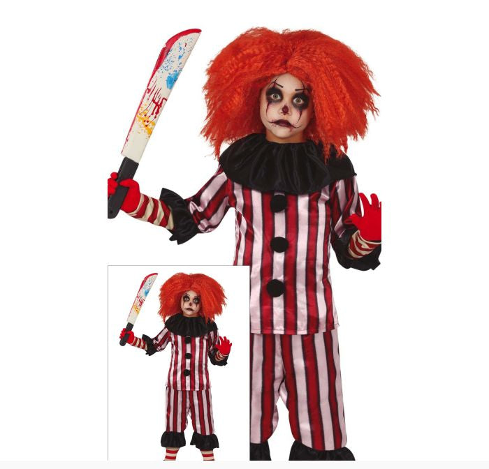 Child's scary clown costume with red and white vertical stripes, black ruffled collar and cuffs, black buttons, red gloves, and a bright red wig. The costume is shown on a child model holding a toy knife, with a smaller inset view of the full costume on a plain white background.