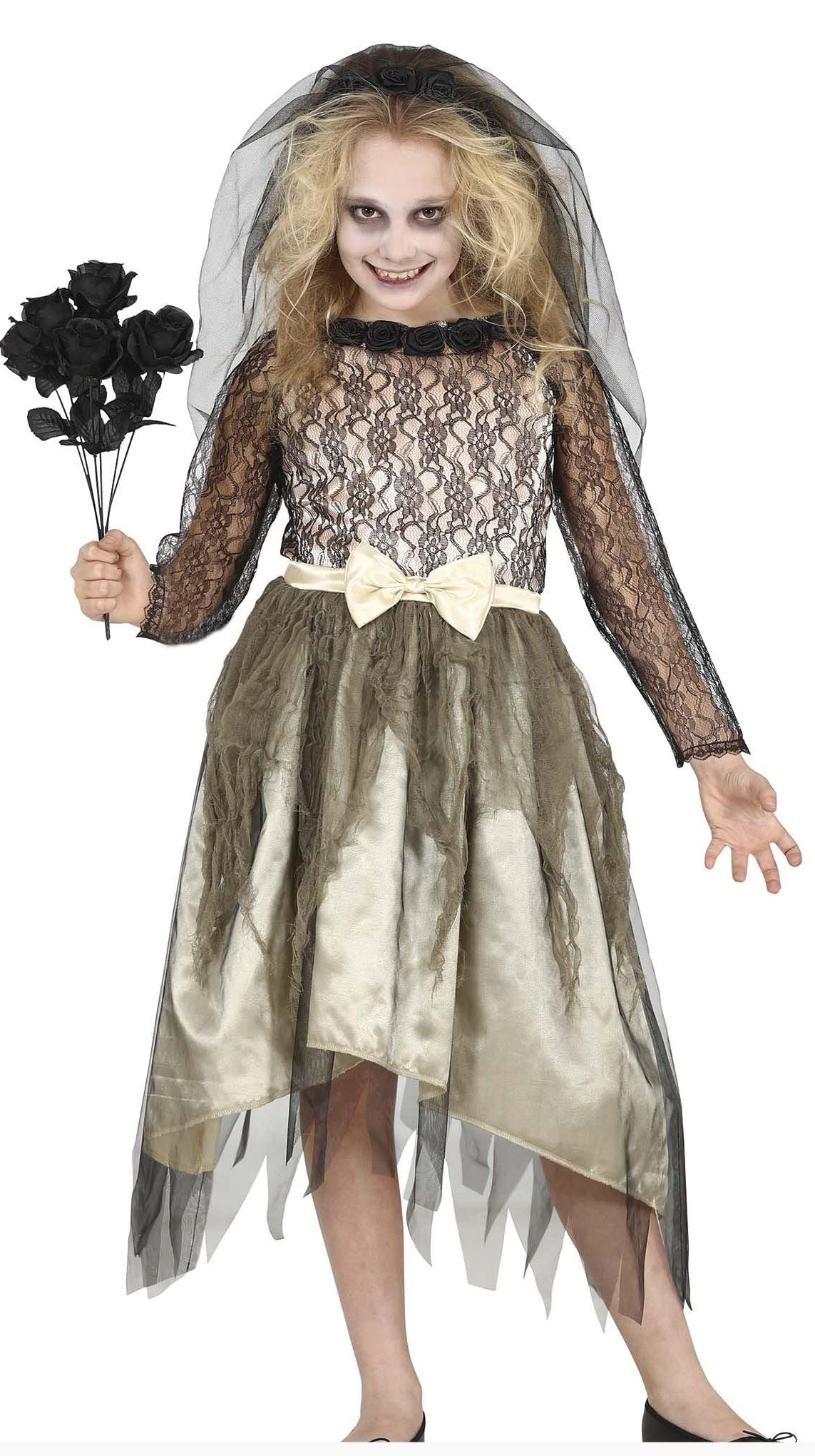 Costume with black lace dress, veil, and black roses on a white background