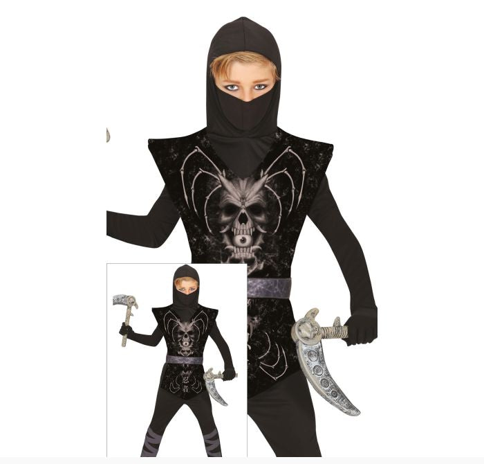 A child wearing a black ninja costume with a hooded mask, sleeveless top, printed skull design, and silver toy weapons, shown on a white background with a smaller inset of the full outfit.