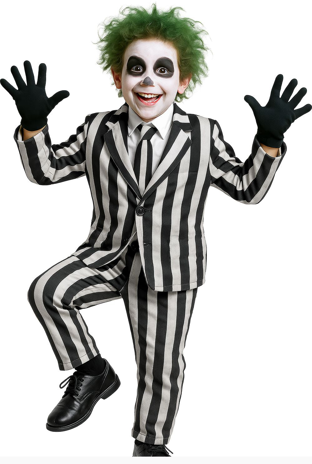 A child modeling a Beetlejuice costume, featuring a black and white vertically striped suit, white shirt, black tie, black gloves, green hair, and a black-and-white face paint makeup, posed against a solid white background.