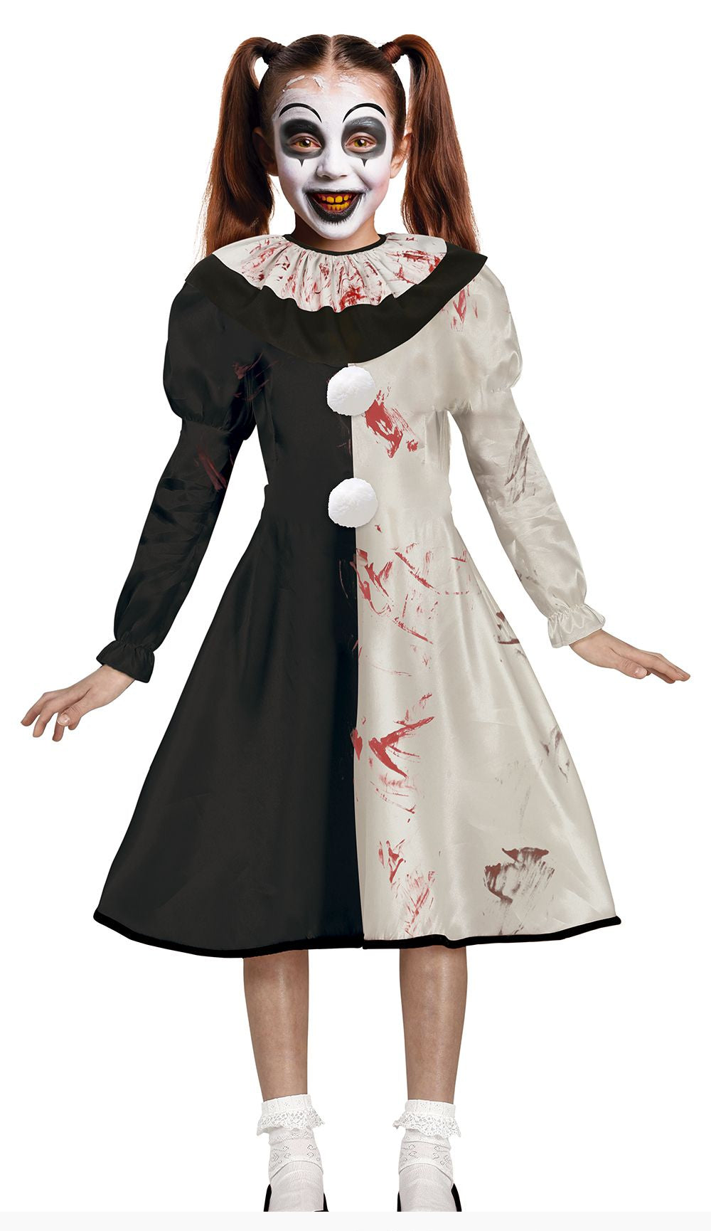A child model wearing a horror clown costume dress with a split black and blood-splattered beige design, white ruffled collar, and white-and-black shoes, on a plain white background.