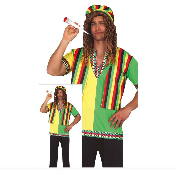 A man modeling a Rasta-themed costume vest and matching hat against a white background, with a smaller inset showing the full outfit. The costume features bold vertical stripes in green, yellow, red, and black, with a patterned collar and hem.