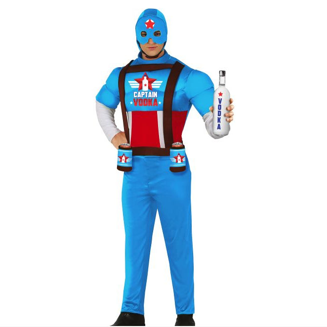 Person wearing a superhero costume with blue helmet and red star, holding a weapon on a white background.