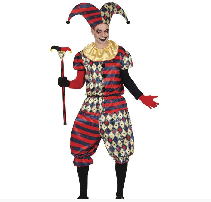 A full-body jester costume shown on a person against a plain white background. The costume includes a red, navy, and cream harlequin patterned tunic and pants, a matching jester hat, a gold ruffled collar, black gloves and leg coverings, and a decorative cane.