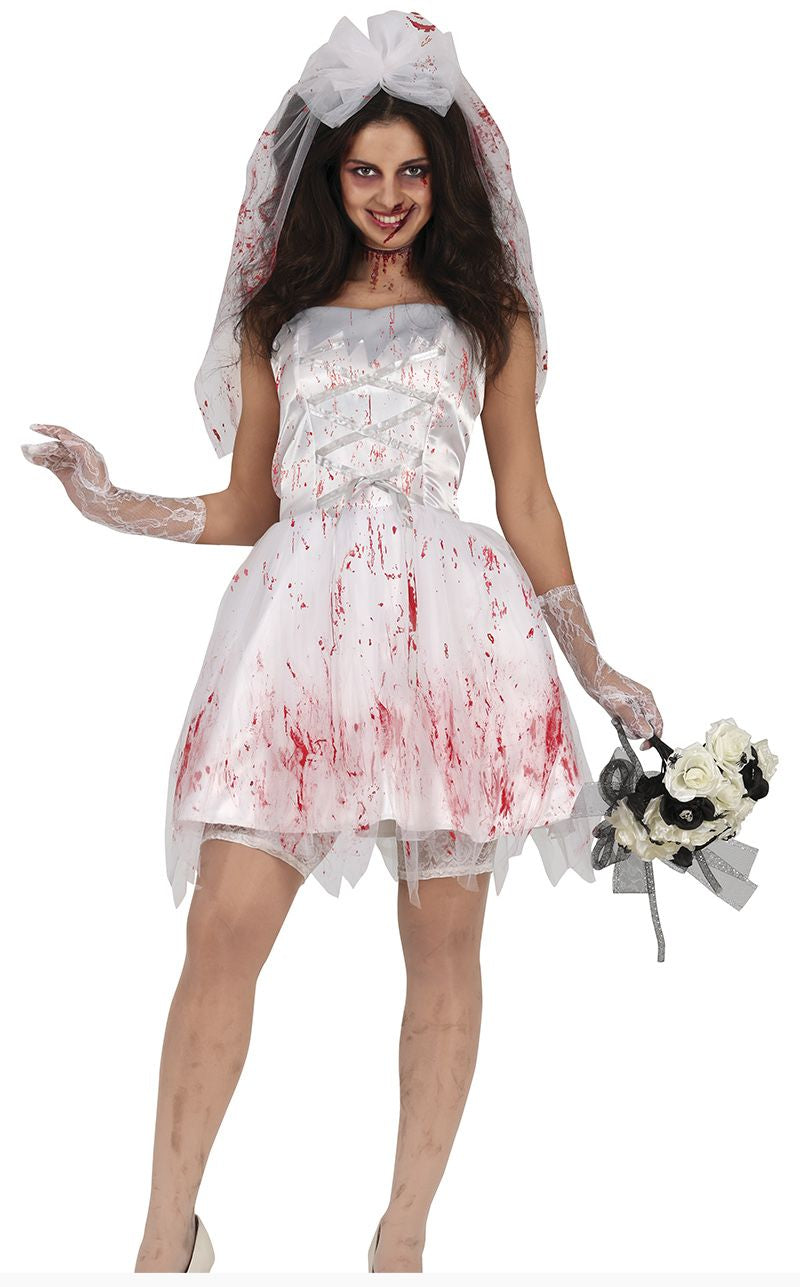 Person wearing a bloody wedding dress with a veil and bouquet on a white background