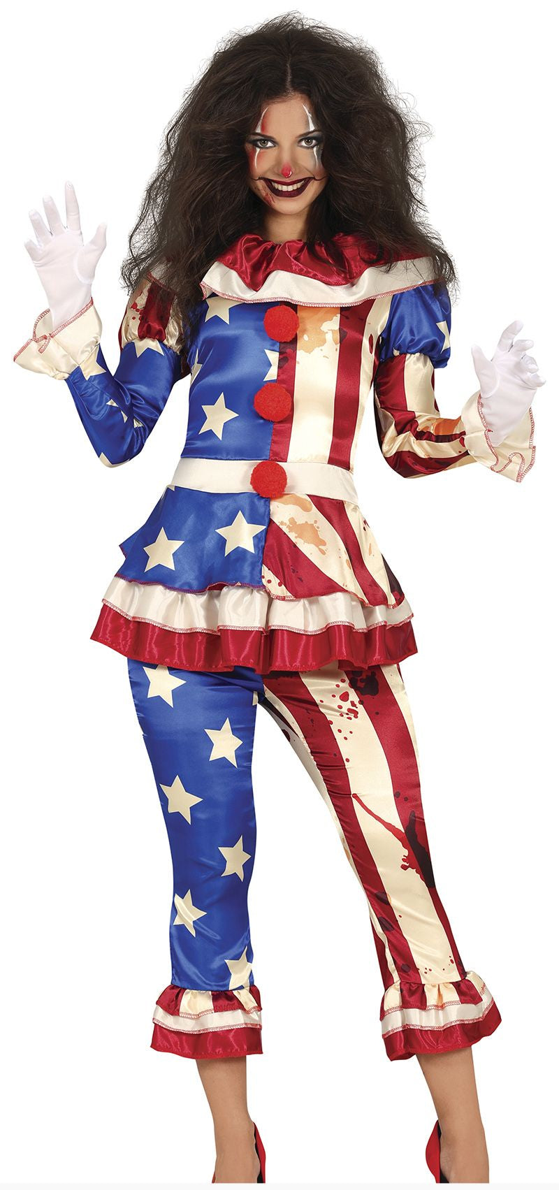 Person wearing a patriotic costume with red, white, and blue colors on a white background.
