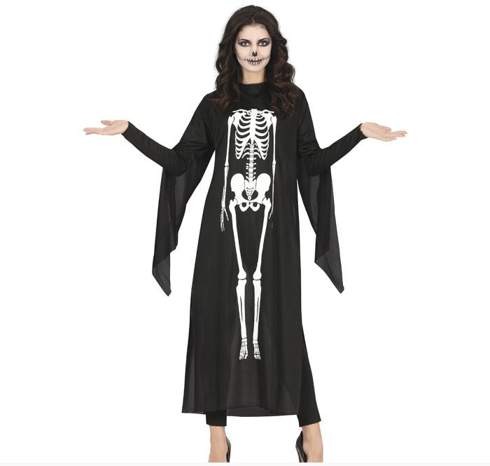 Black dress with skeleton design worn by a model on a white background