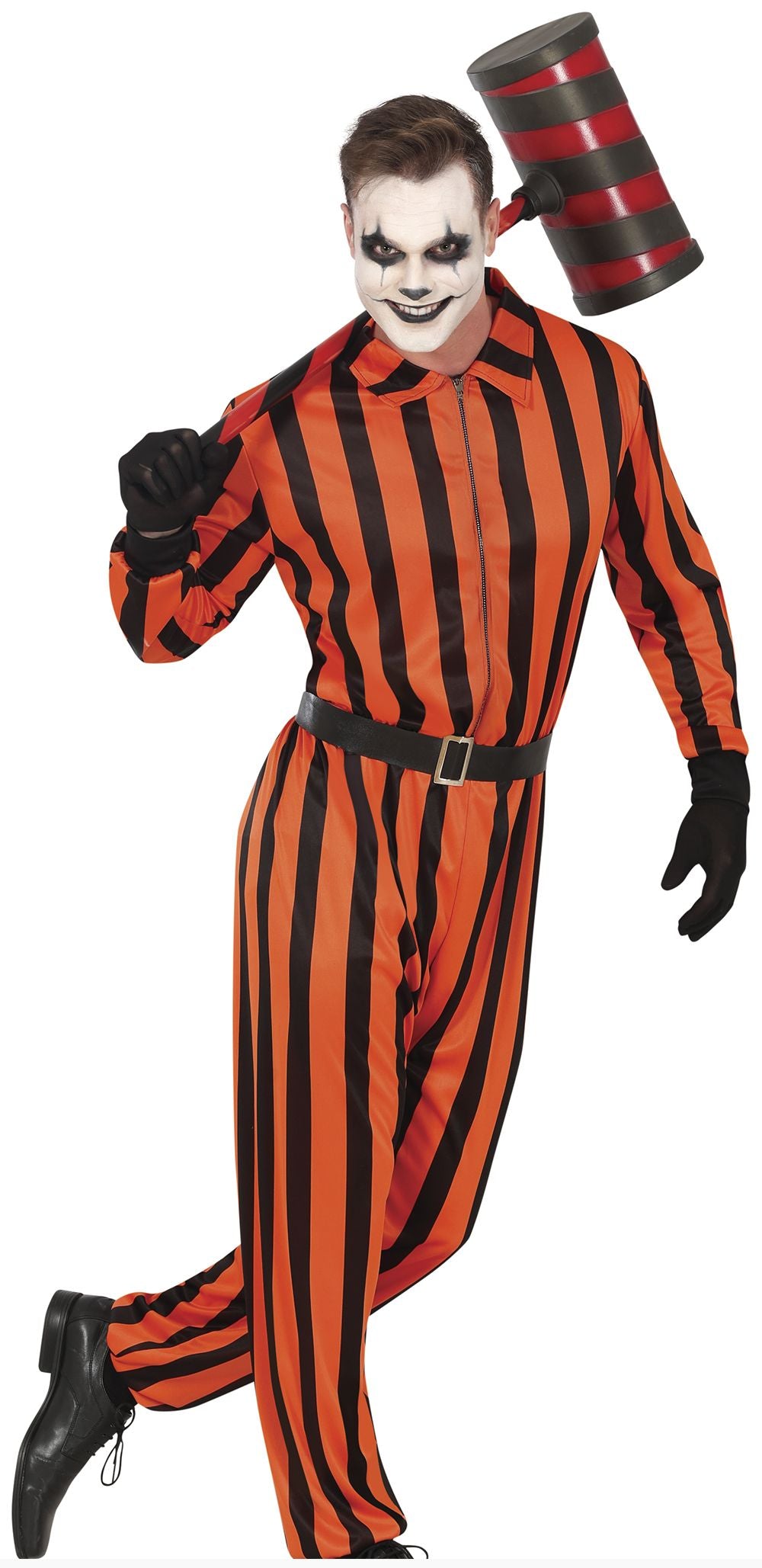 A man modeling a Halloween costume resembling the character The Joker, featuring a red and black vertically striped jumpsuit, black gloves, a black belt, and a red and black striped prop mallet, on a white background.
