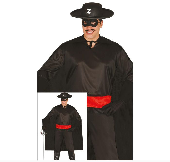 A man modeling a black superhero costume with a wide-brimmed black hat, black eye mask, black cape, black pants, and a bright red sash. A smaller inset shows the full outfit including a cane.