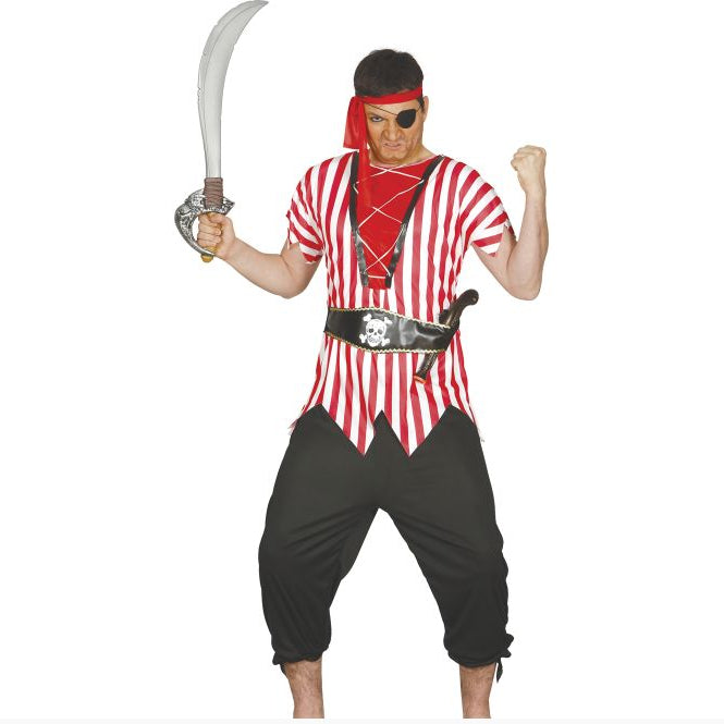 Pirate costume with red and white striped shirt, black pants, and a sword on a white background.