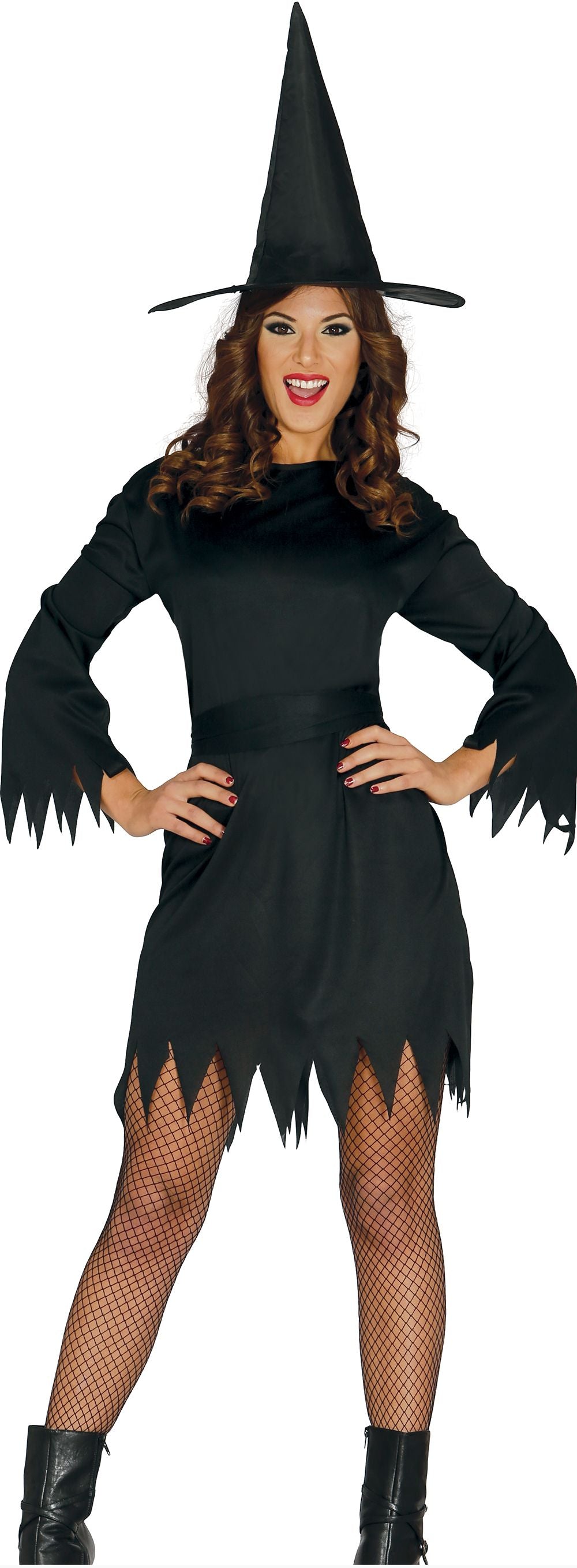 Woman wearing a black witch costume with a hat on a white background