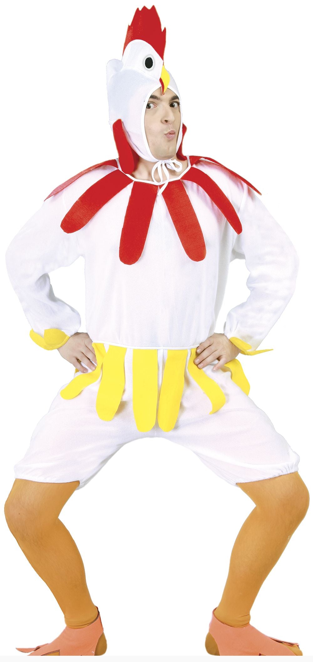 A person modeling a chicken costume against a plain white background. The costume includes a white hooded top with a red comb and wattle, yellow feather-like accents at the waist and on the sleeves, and tan leg coverings.