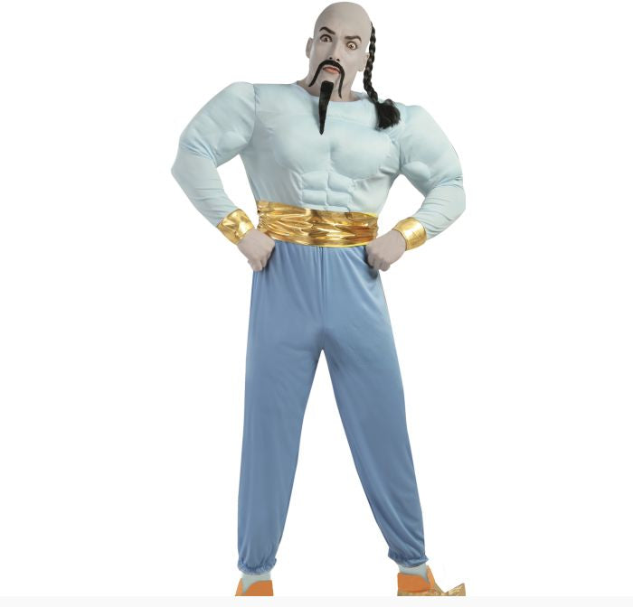 A full-body Genie de l'Arabie costume on a white background, featuring a muscular light blue top, light blue pants, a metallic gold belt and wrist bands, a bald head with a black moustache, and braided hair