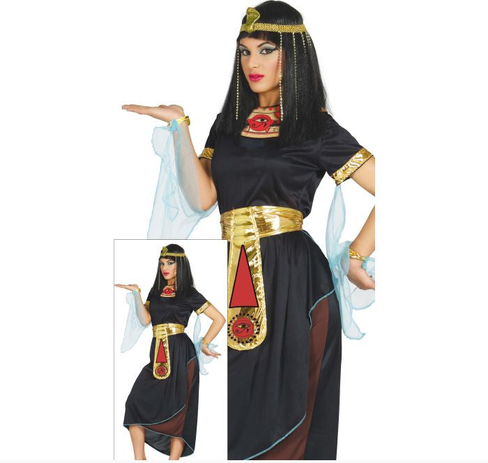Cleopatra costume with black and gold details on a white background