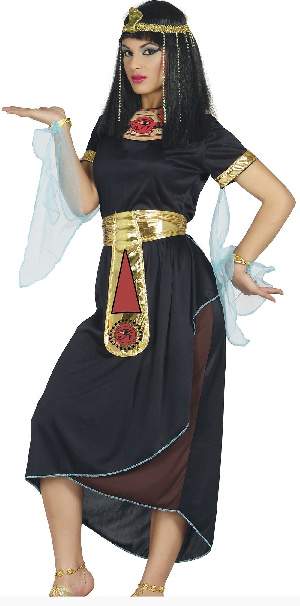 Person wearing an Egyptian costume with a black dress, gold accents, and a headdress.