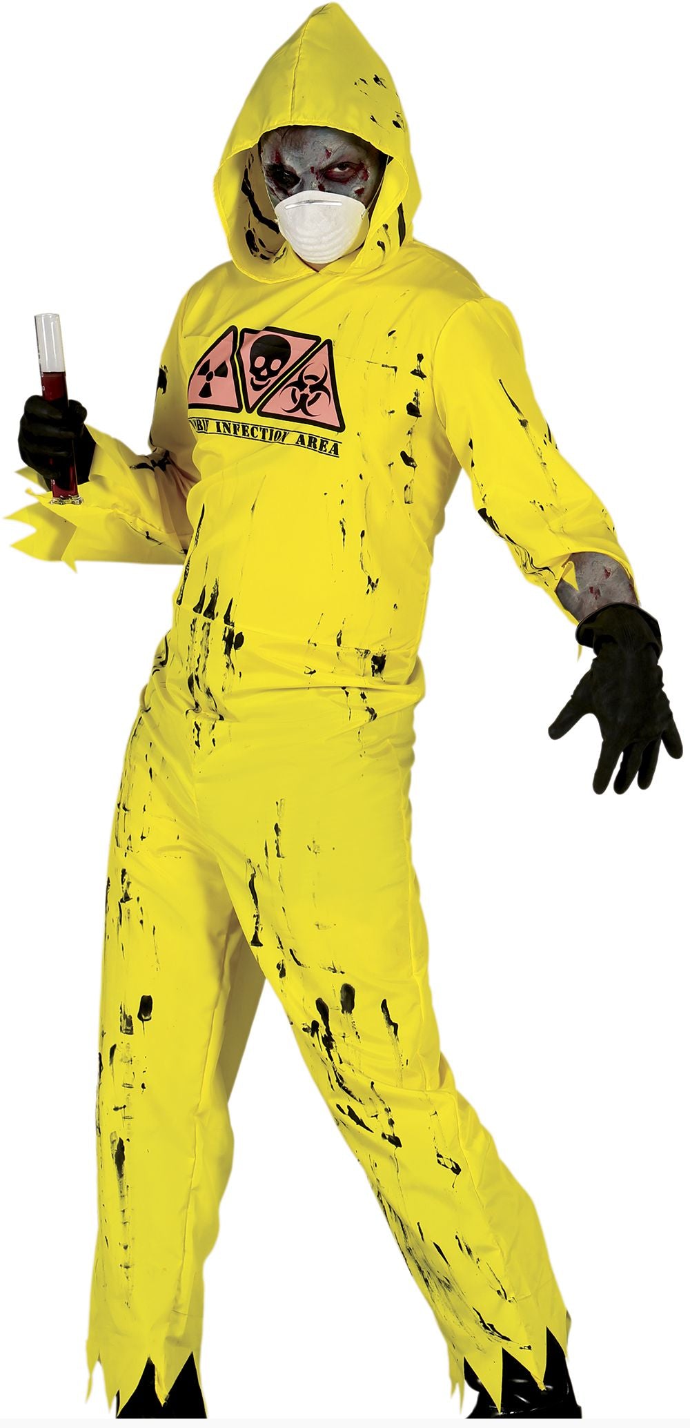 Person wearing a yellow hazard suit with black splatter patterns, holding a bottle.