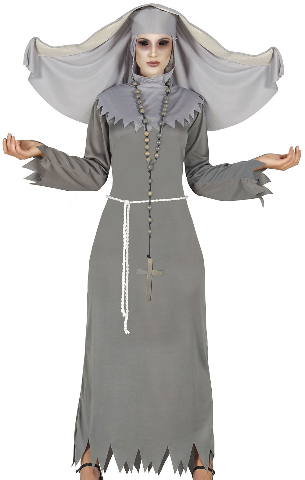 Gray nun costume with hood and rosary on a white background