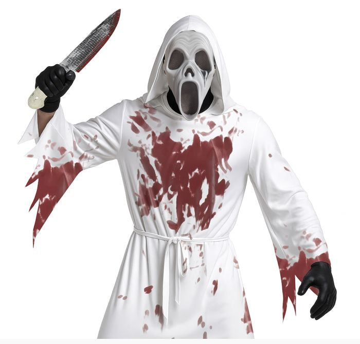 A person wearing a white hooded robe costume with red blood-splatter print, a white screaming mask, black gloves, and holding a large knife prop against a plain white background.
