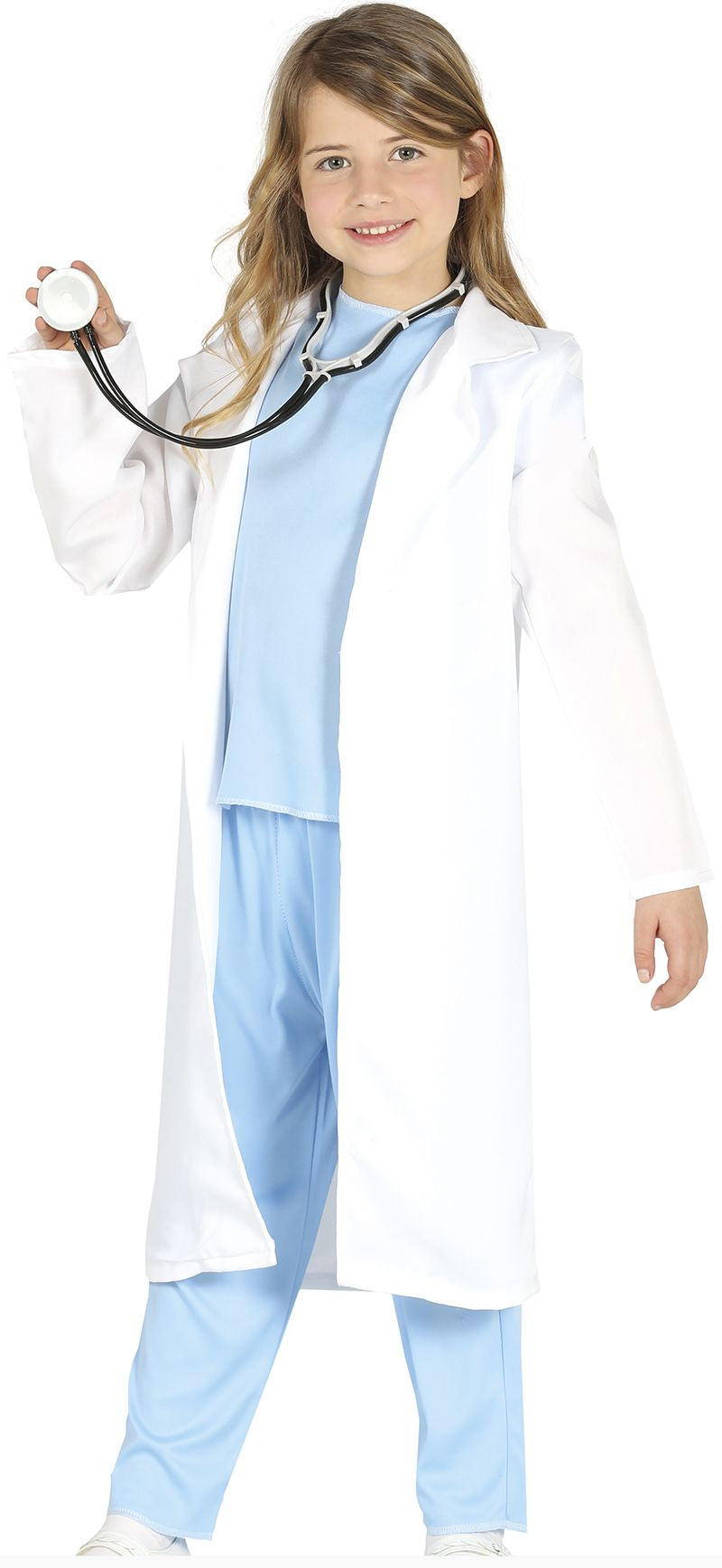 Child in a doctor's outfit with a stethoscope, holding a toy medical device.