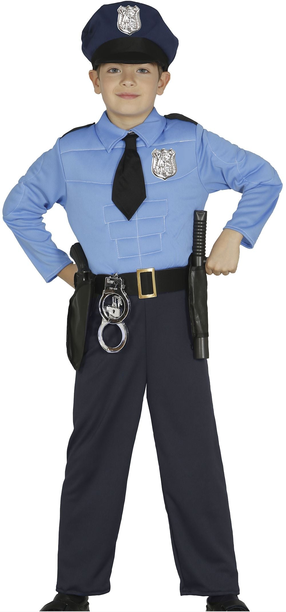 Child wearing a police costume with a uniform, hat, and accessories on a white background.