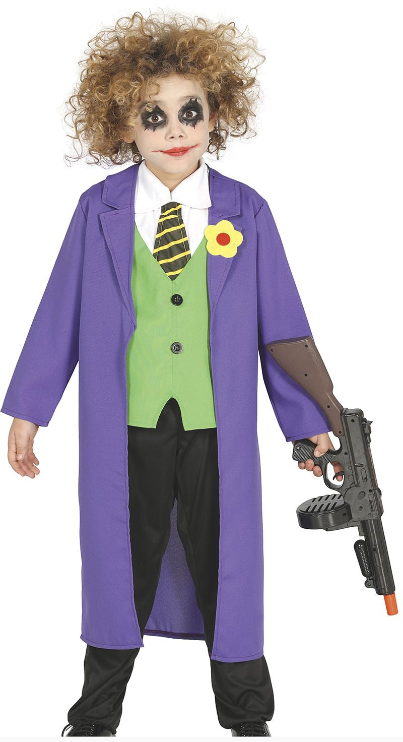 Child in a colorful costume with a purple coat and green vest, holding a toy gun on a white background.