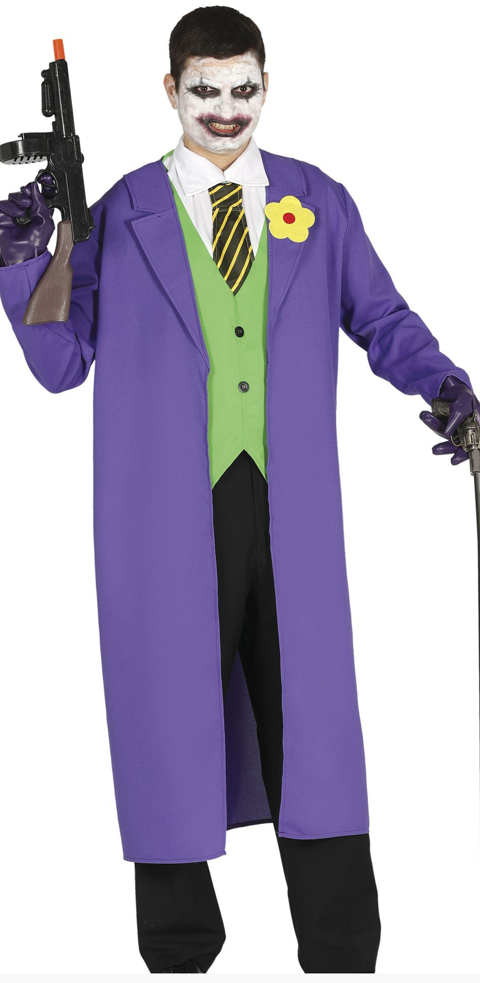 Person in a Joker costume with purple coat, green shirt, and yellow flower, holding a gun.
