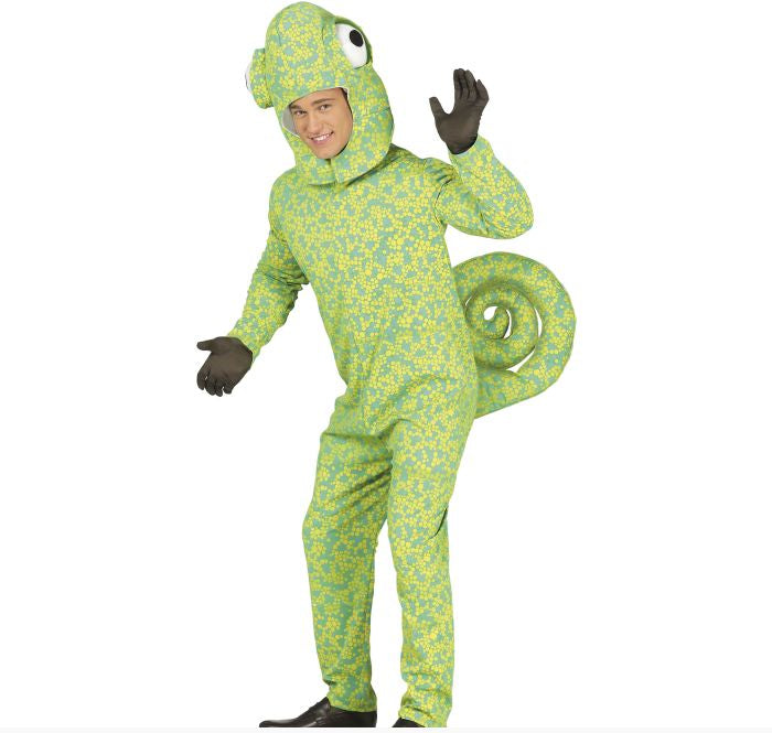 A man modeling a full-body chameleon costume with a green and yellow patterned one-piece suit, matching headpiece with large eyes, and dark gloves, photographed on a plain white background.
