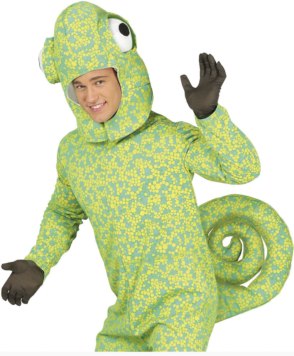 A person wearing a full-body chameleon costume with a hood, yellow-and-green spotted pattern, and black gloves, posed against a plain white background. A copyright line for Fiestas Guirca s.