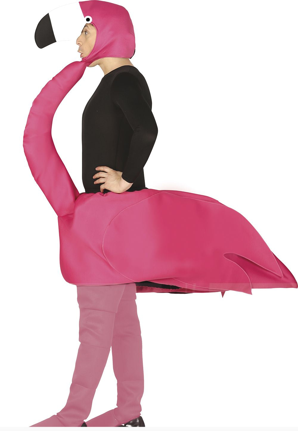Person wearing a pink flamingo costume on a white background