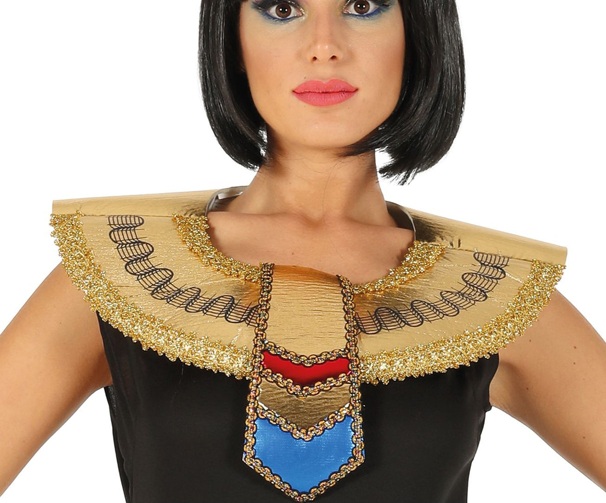 Person wearing a decorative collar with intricate designs on a white background