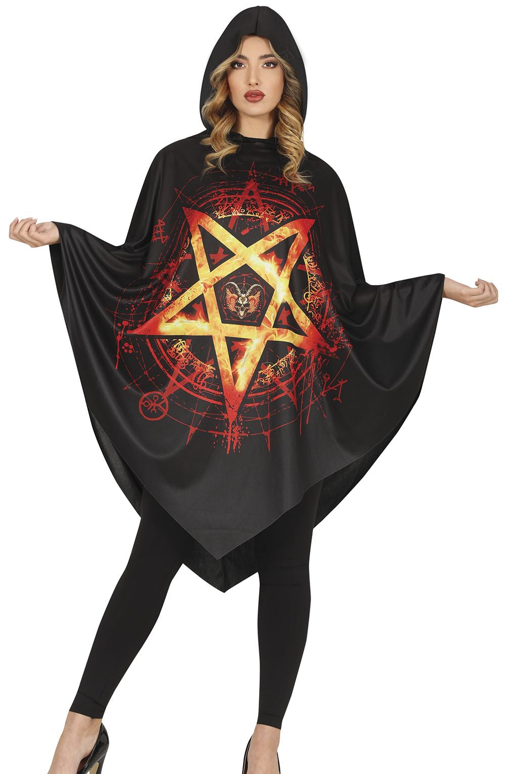 Woman wearing a black hooded cape with a red and yellow pentagram design on a white background.