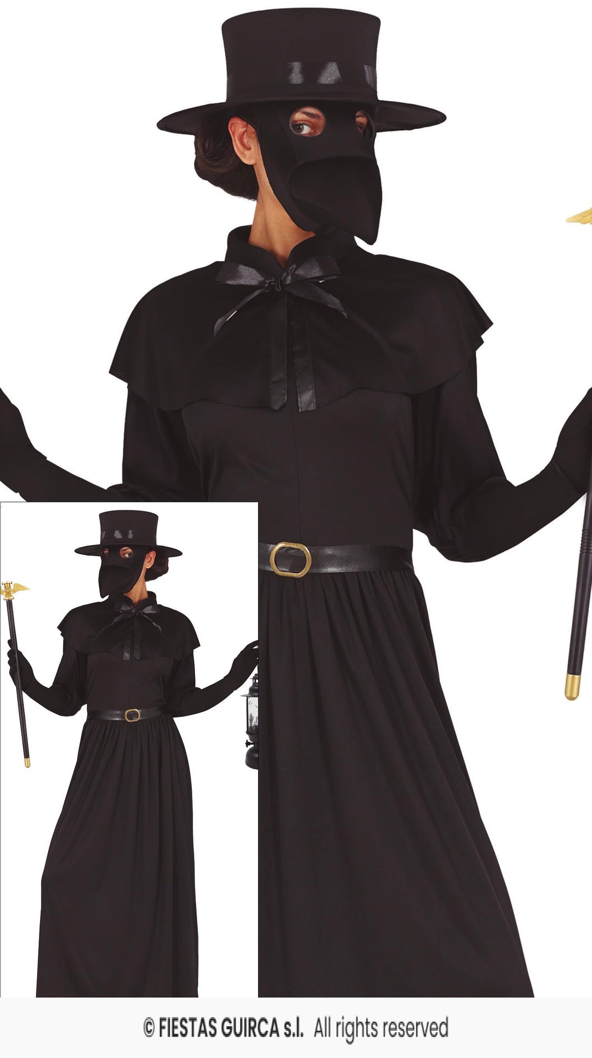Ladies Black Plague Dress with Belt, Hat & Mask