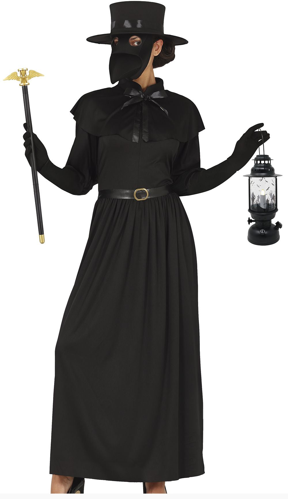 Person wearing a black costume with a top hat, mask, and holding props on a white background