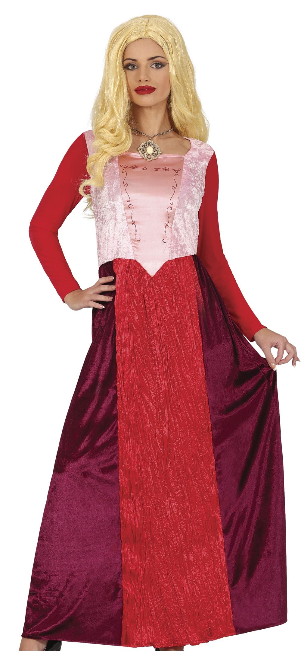 Costume with a red and pink top and maroon skirt, featuring a brand logo at the bottom.