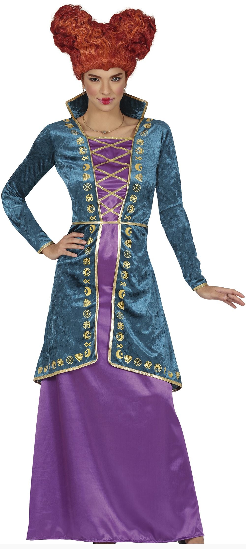 Person wearing a costume with a blue and purple dress and red wig on a white background
