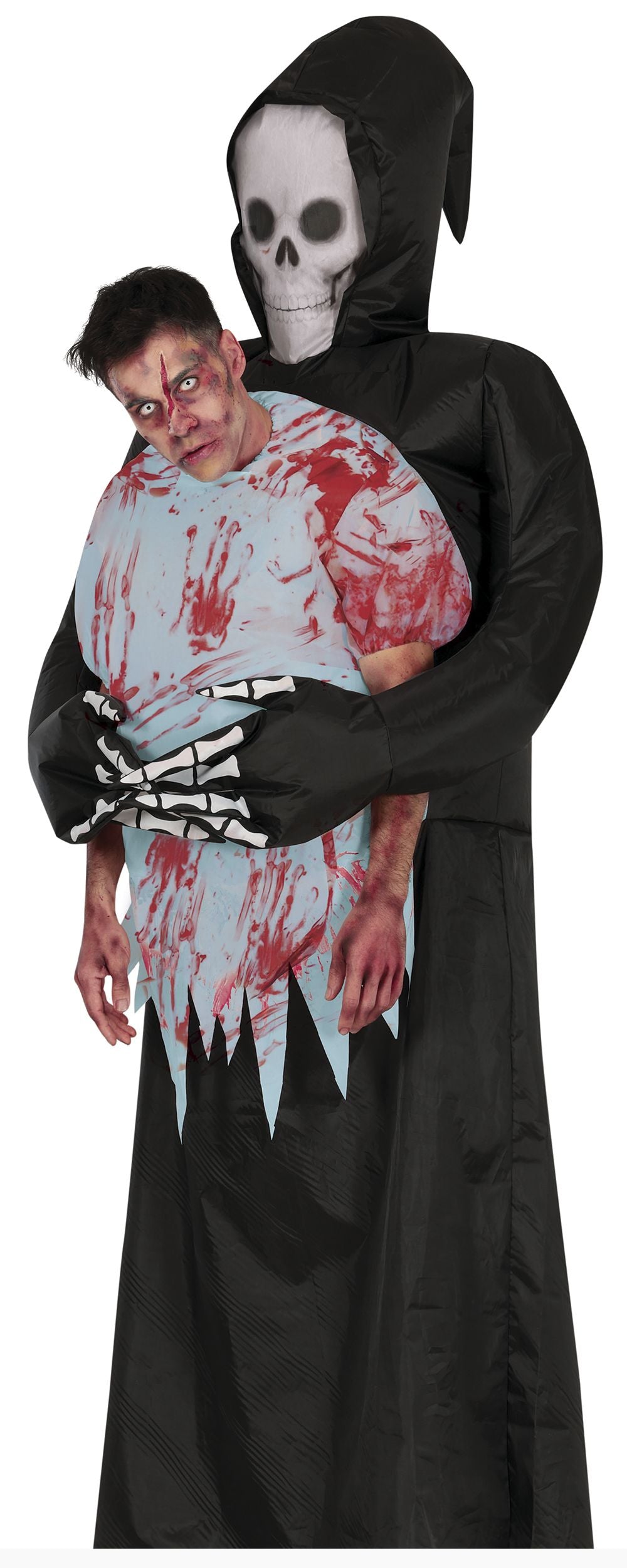 Person wearing a Halloween costume with a grim reaper figure and bloody shirt.