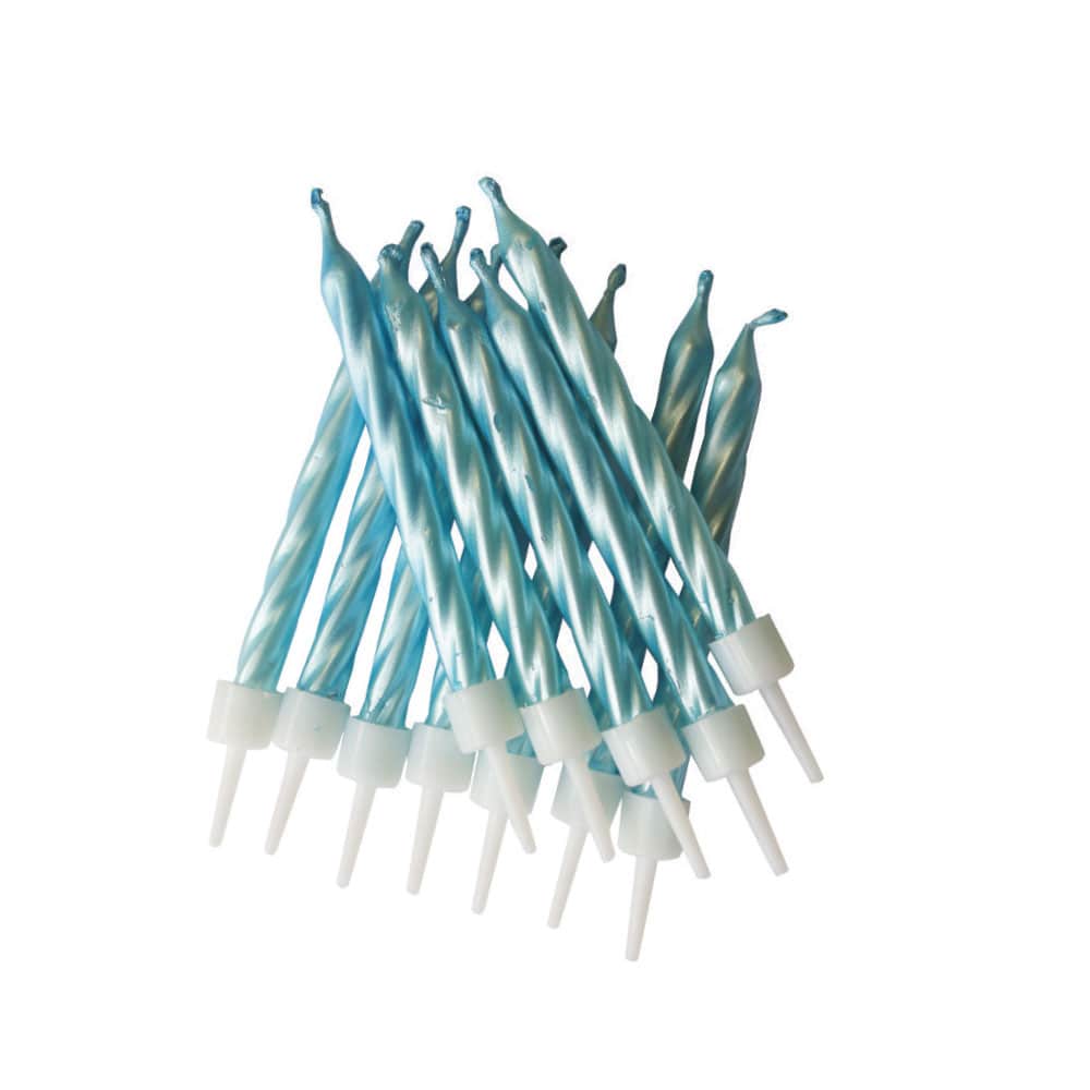 Pearlescent Blue Birthday Candles with Holders - 12pk