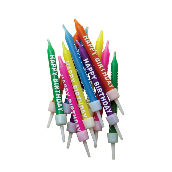 Happy Birthday Candles Multi-Coloured with Holders - 12pk