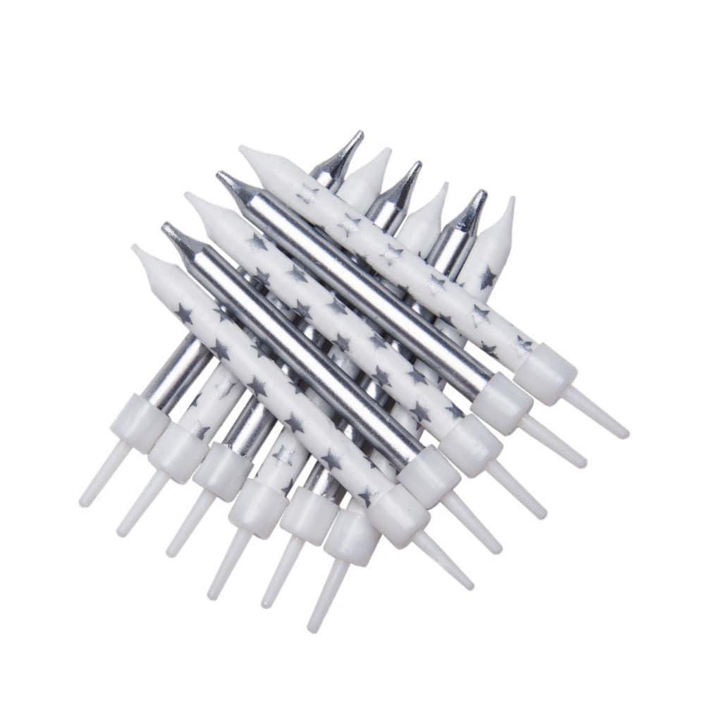 Silver Metallic Star Mix Birthday Candles with Holders - 12pk