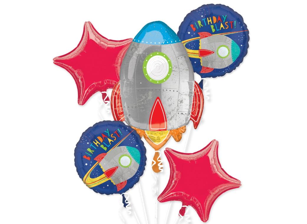 Birthday Blast Off Space Rocket Balloon Bouquet - 5pcs