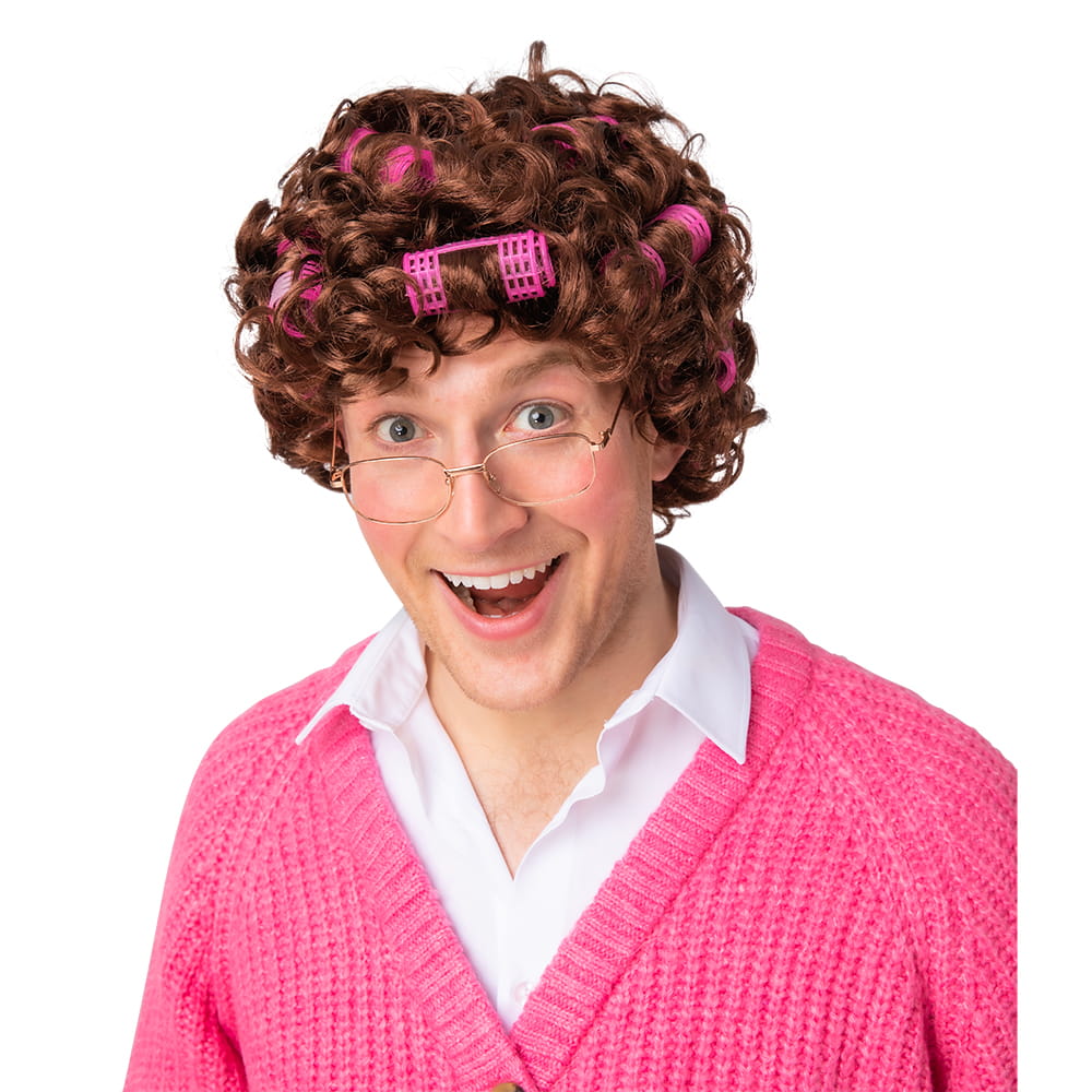 Granny Perm Wig with Rollers - Brown