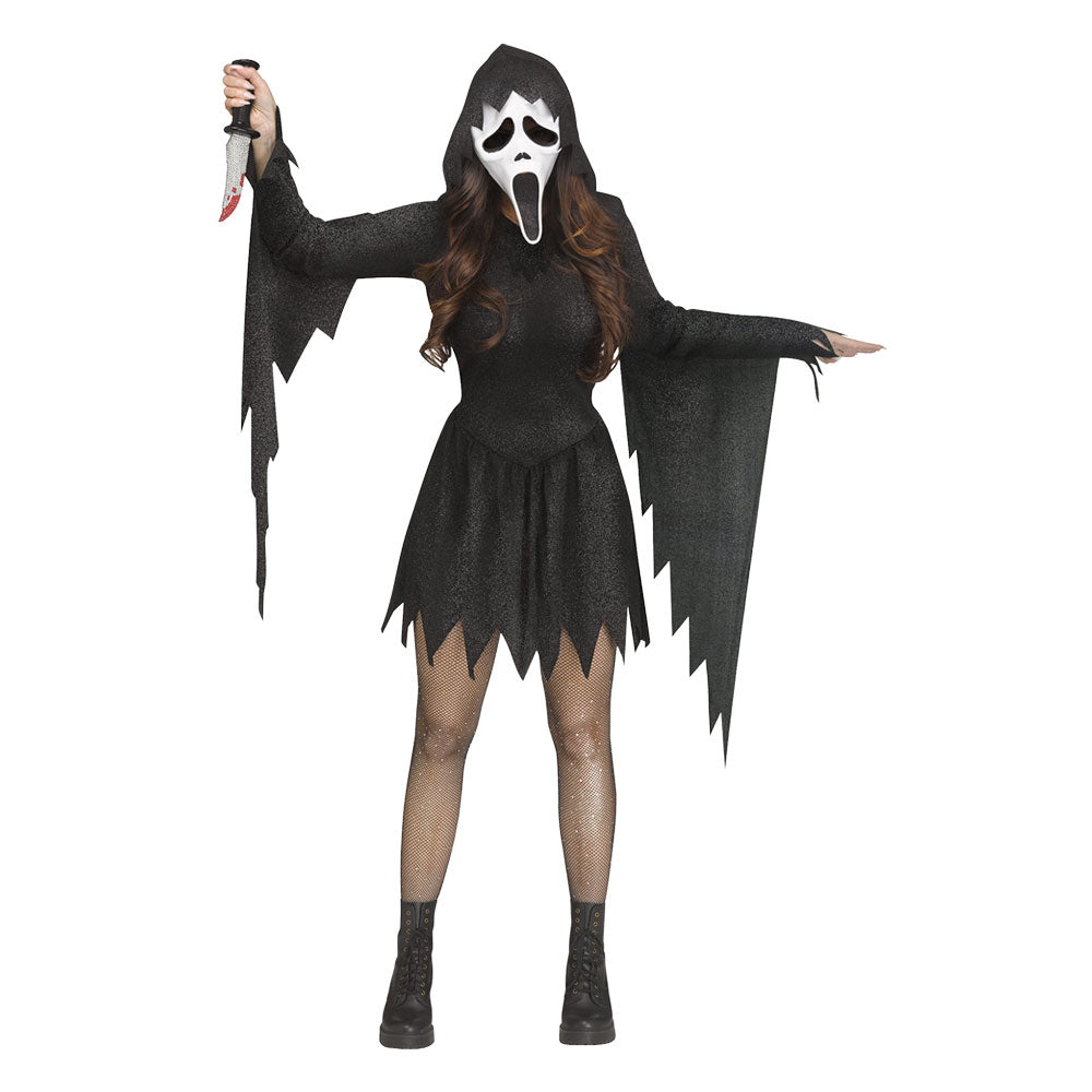Ladies Ghost Face® Black Glitter Hooded Dress & Mask