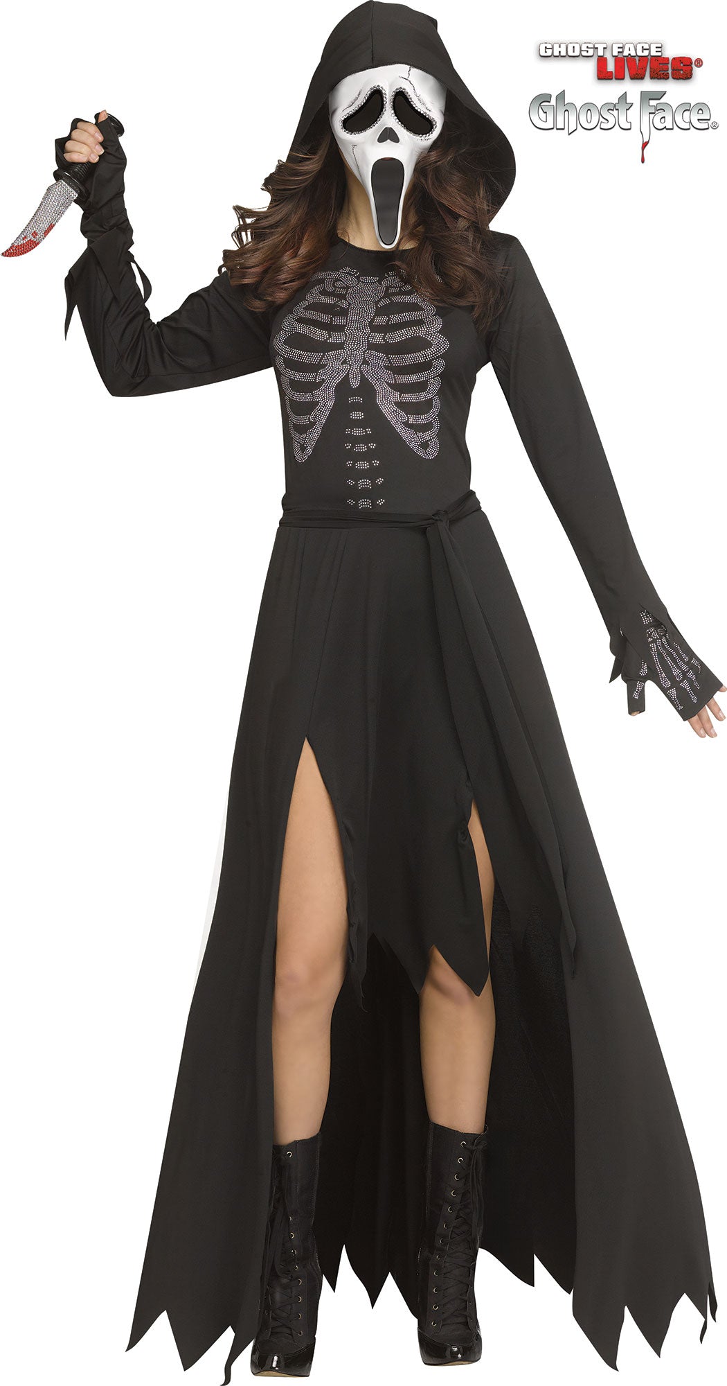 Ladies Skele-Stone Ghost Face® Hooded Rhinestone Dress & Mask