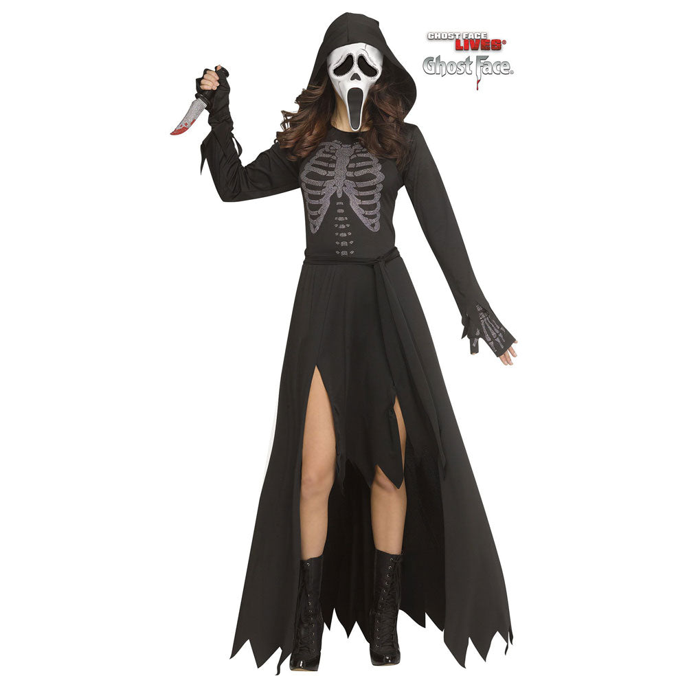 Ladies Skele-Stone Ghost Face® Hooded Rhinestone Dress & Mask